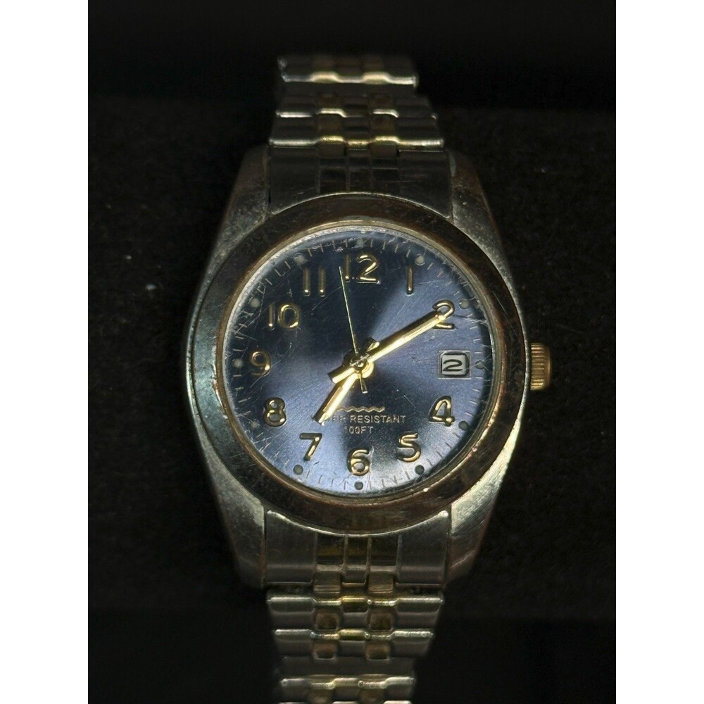Quartz Watch Two Tone Blue Dial Date Japan Movt WS770